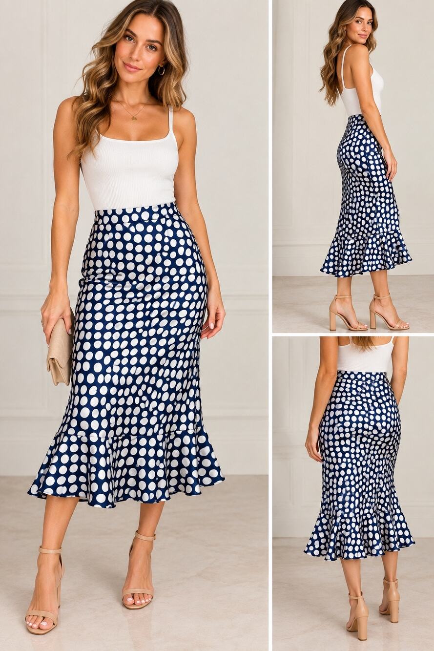Lady Pipa Ralia Verona Navy White Polka Dot Ruffle Midi Skirt XS NWT